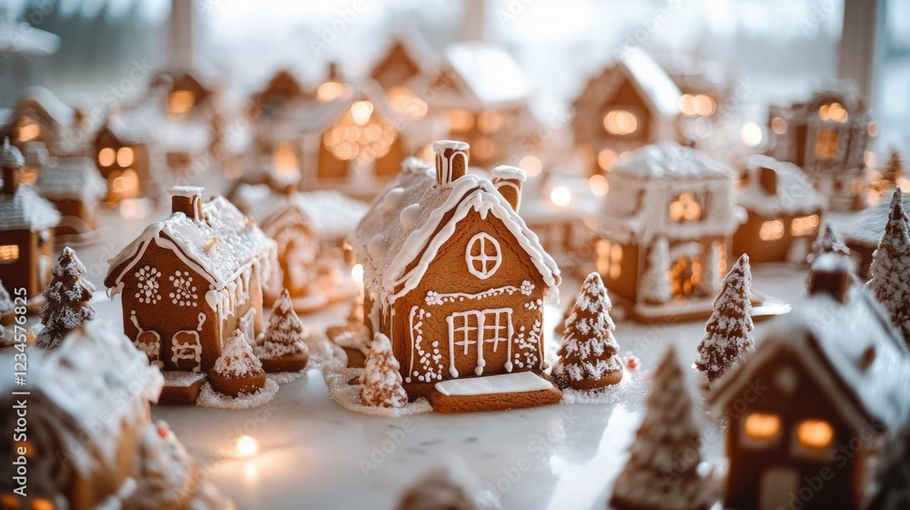 Small Gingerbread Houses on Table Small Gingerbread Houses on Table