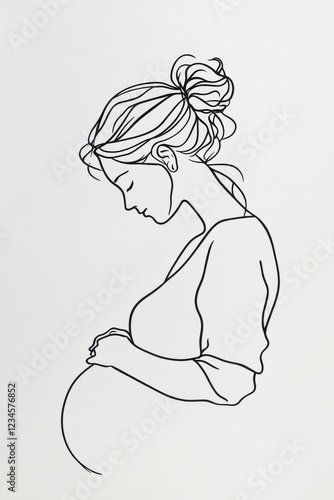 Woman in profile cradling her pregnant belly with serene expression captured in a minimalist line art style