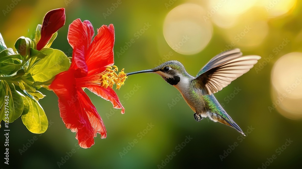Fototapeta premium Colorful Hummingbird Feeding on Bright Red Flower Petals