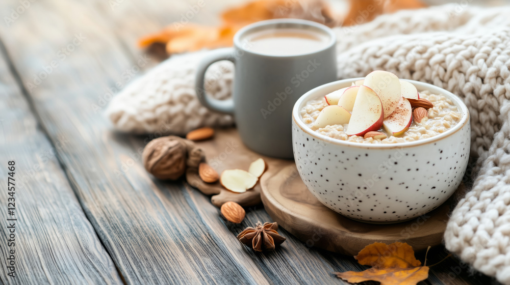cozy breakfast nook with oatmeal topped with apples, cinnamon, and almonds cozy breakfast nook with oatmeal topped with apples, cinnamon, and almonds