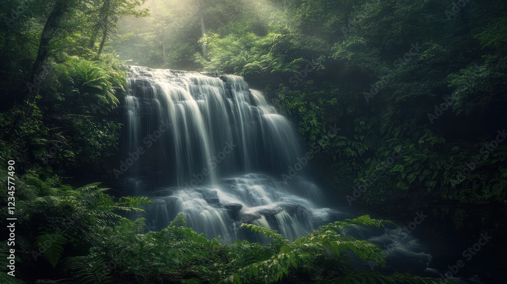 Serene waterfall cascading through lush green rainforest, misty sunlight
