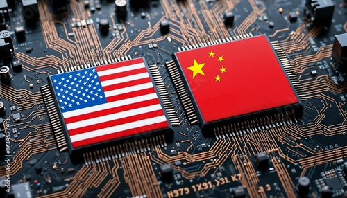 Two computer chips with the flags of the United States and China on them, placed on a circuit board, conflict between china and USA created with generative ai