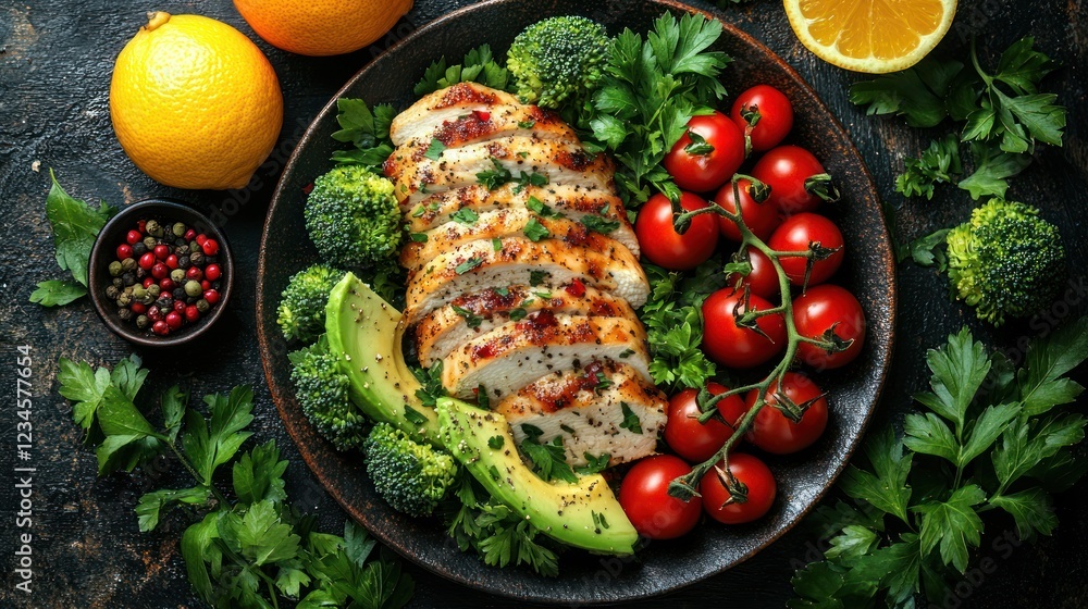 Grilled chicken breast with vegetables on dark plate, healthy meal, citrus fruits background Grilled chicken breast with vegetables on dark plate, healthy meal, citrus fruits background