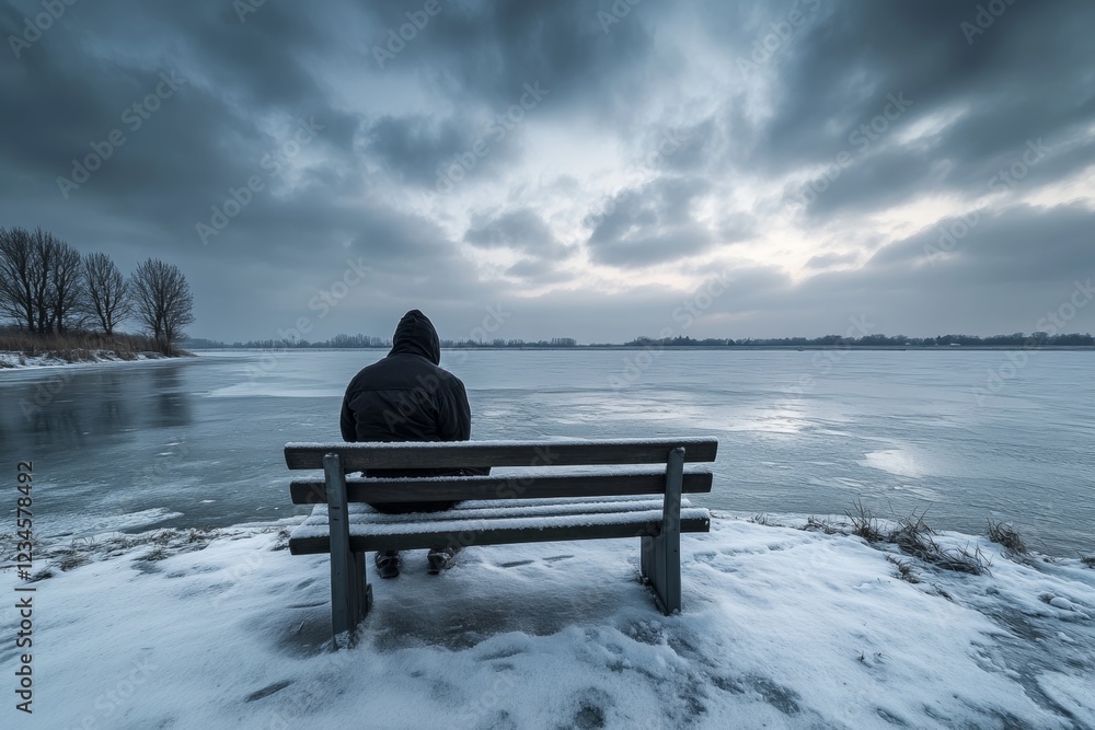 Lonely figure sitting on a bench by a frozen lake under a moody winter sky Lonely figure sitting on a bench by a frozen lake under a moody winter sky