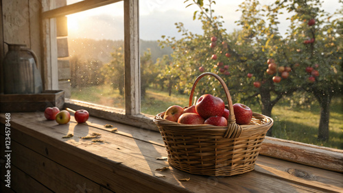 apples in a basket on the window side