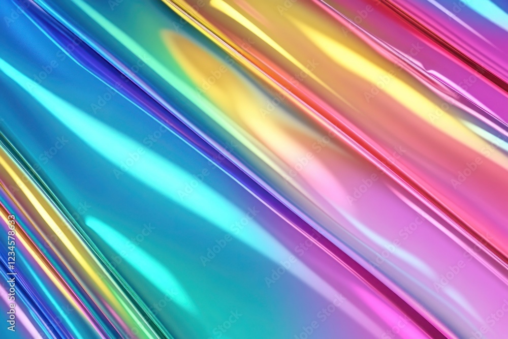 Holographic rainbow foil with smooth iridescent gradients blending seamlessly, forming abstract reflective textures under diffused light, realistic and vivid. Holographic rainbow foil with smooth iridescent gradients blending seamlessly, forming abstract reflective textures under diffused light, realistic and vivid.