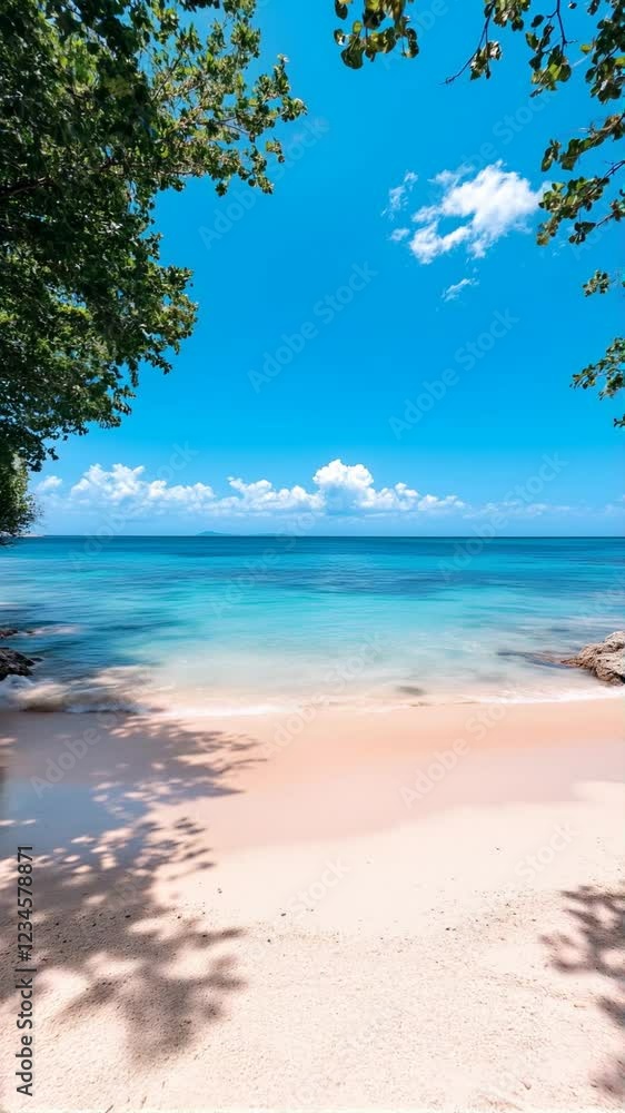 tropical beach view with turquoise waters, white sand, and lush greenery under a bright blue sky tropical beach view with turquoise waters, white sand, and lush greenery under a bright blue sky