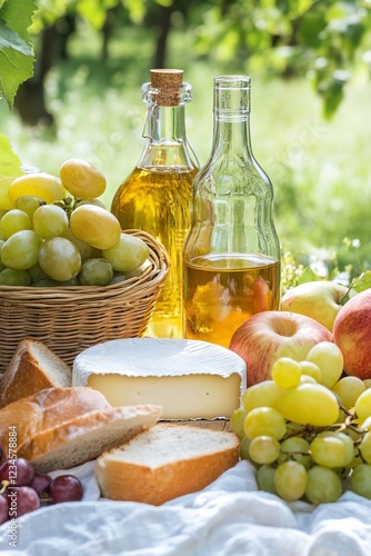 Rustic picnic with cheese, bread, fruits, and honey on a wooden table in a countryside setting photo