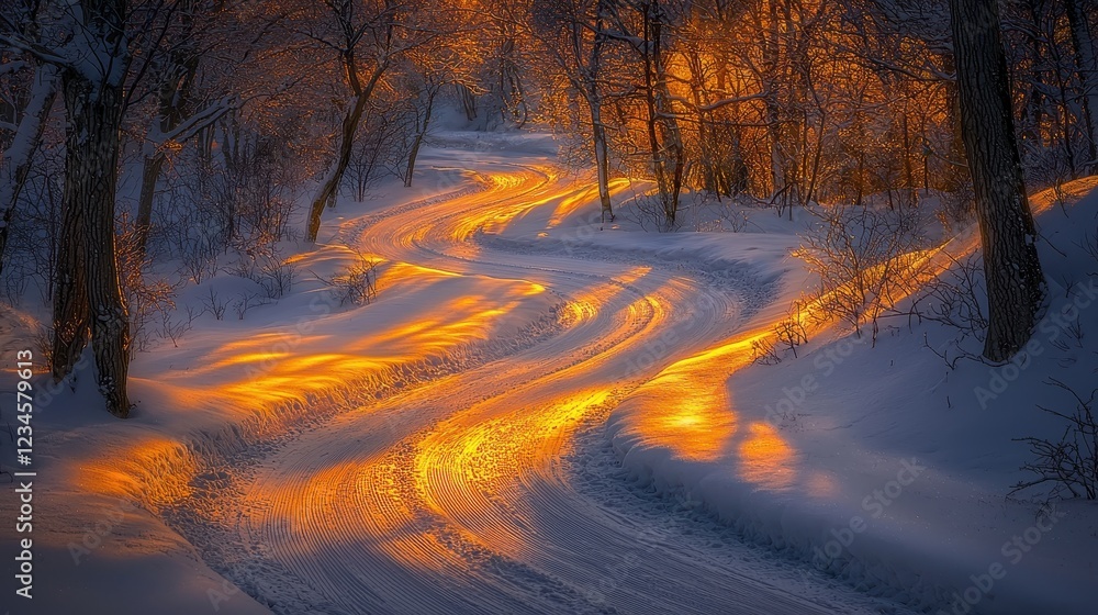 A snowy winter pathway winding through a forest of frost-covered trees, illuminated by the golden light of dawn. The fresh snow sparkles as the soft light filters through the branches. The quiet A snowy winter pathway winding through a forest of frost-covered trees, illuminated by the golden light of dawn. The fresh snow sparkles as the soft light filters through the branches. The quiet