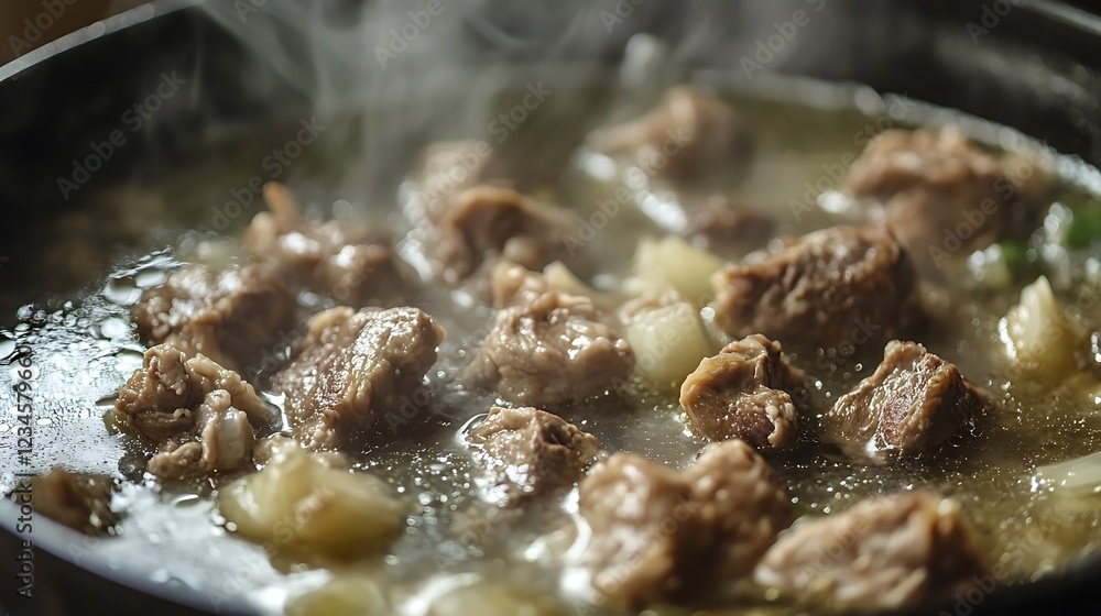 Beef stew simmering in a pan on stovetop Beef stew simmering in a pan on stovetop