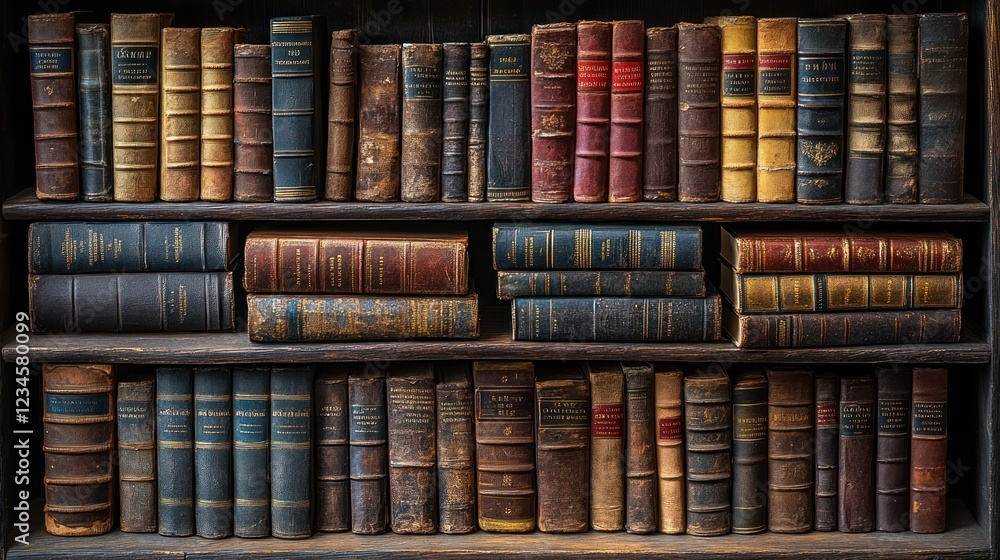 Antique books on wooden shelves in a library Antique books on wooden shelves in a library