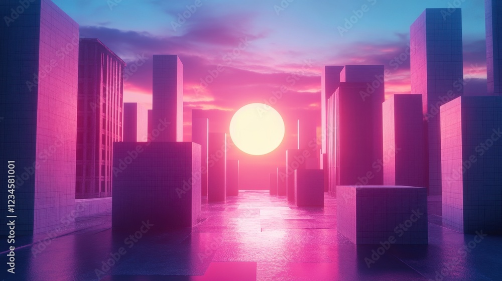 Futuristic cityscape at sunset with vibrant pink and purple hues Futuristic cityscape at sunset with vibrant pink and purple hues