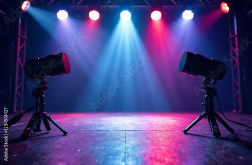 Lighting used for events. In the background, a blurred stage with decorative elements suitable for events, such as backdrops and banners.  photo