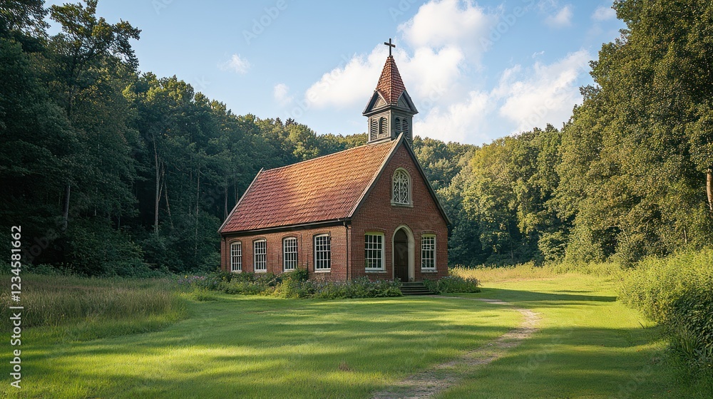 Picturesque brick chapel nestled in a forest glade, sunlit pathway Picturesque brick chapel nestled in a forest glade, sunlit pathway
