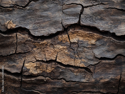 Texture of dark brown, wooden rock with cracks. Close-up. Rough surface photo