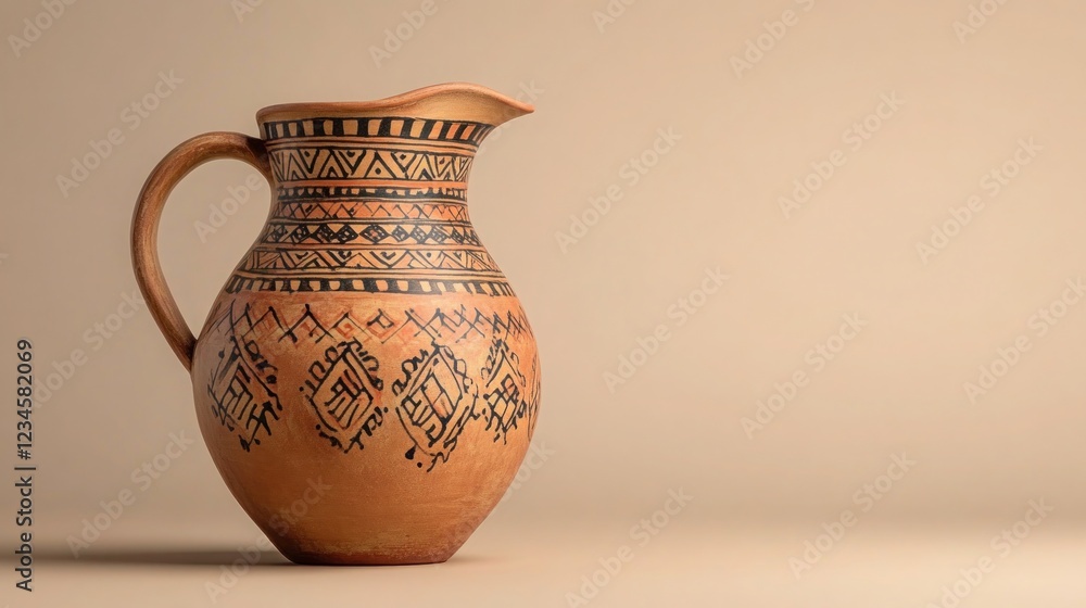 Hand-painted terracotta pitcher with traditional patterns, set against a light brown background. Hand-painted terracotta pitcher with traditional patterns, set against a light brown background.