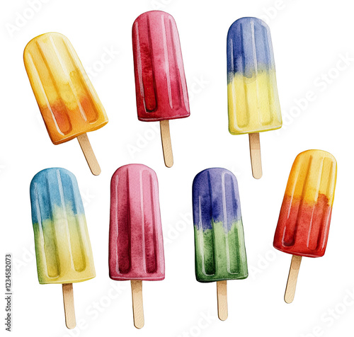 Colorful popsicles in various flavors arranged artistically. Watercolor clipart, clip art, isolated on white/transparent background.