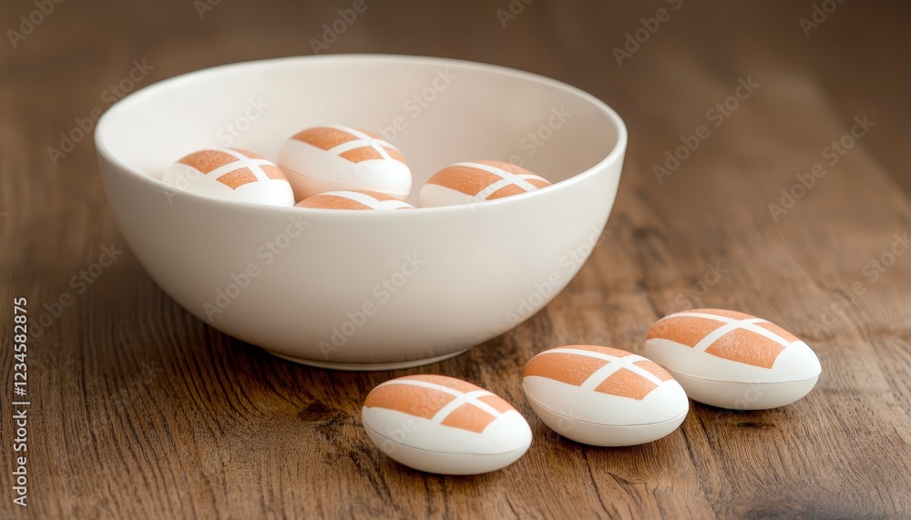 Creative Display of Decorated Eggs in a Bowl on Wooden Table Creative Display of Decorated Eggs in a Bowl on Wooden Table