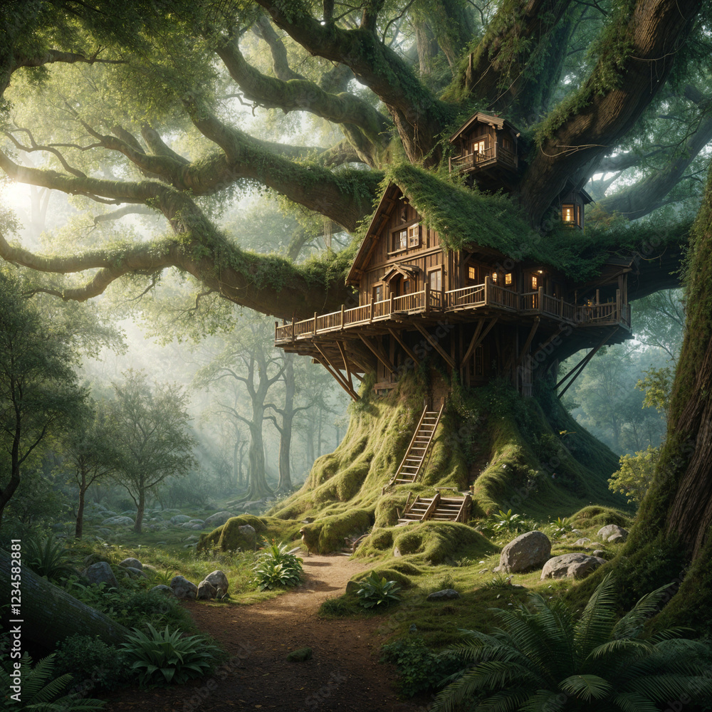 Fototapeta premium A treehouse nestled in the branches of a giant oak