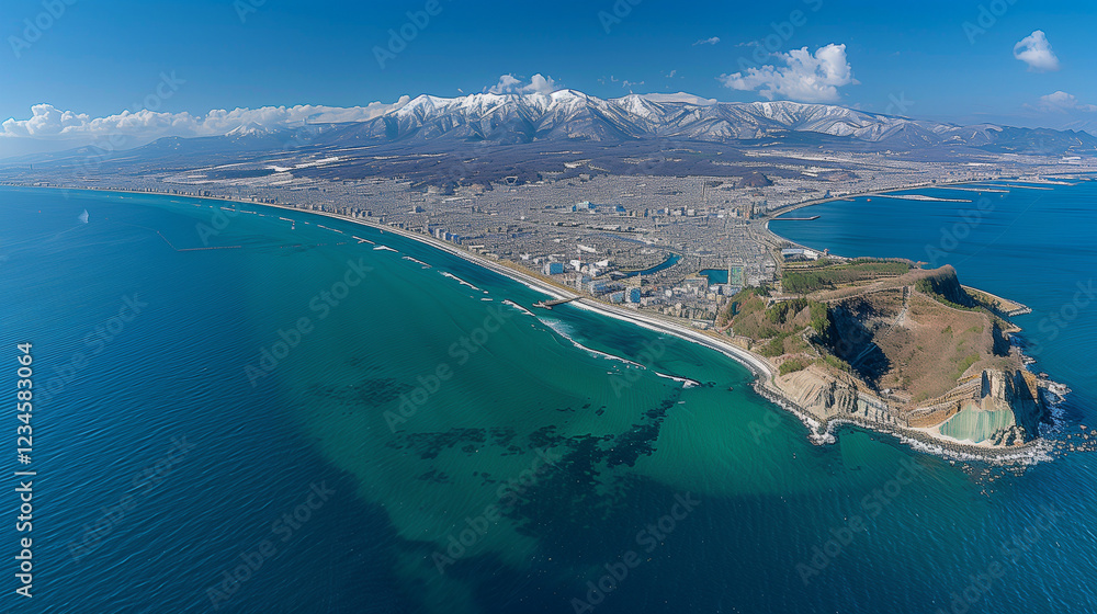 Obraz premium Aerial View of Coastal City with Mountains and Blue Ocean..