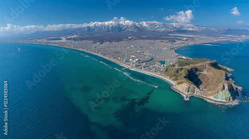 Aerial View of Coastal City with Mountains and Blue Ocean.. photo