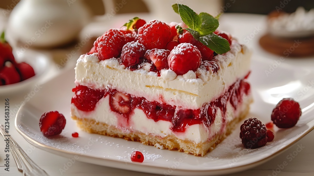 Raspberry cake with whipped cream and fresh raspberries on a plate Raspberry cake with whipped cream and fresh raspberries on a plate