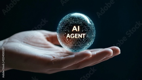 Futuristic Hand Holding a Transparent Sphere with AI Agent Text and Digital Circuit Patterns on a Dark Background