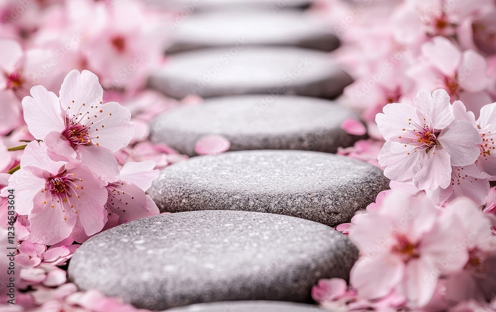 A tranquil spring garden featuring cherry blossom trees in full bloom, their petals drifting gently to the ground. The soft sunlight creates dappled shadows on a winding stone path. Birds sing A tranquil spring garden featuring cherry blossom trees in full bloom, their petals drifting gently to the ground. The soft sunlight creates dappled shadows on a winding stone path. Birds sing