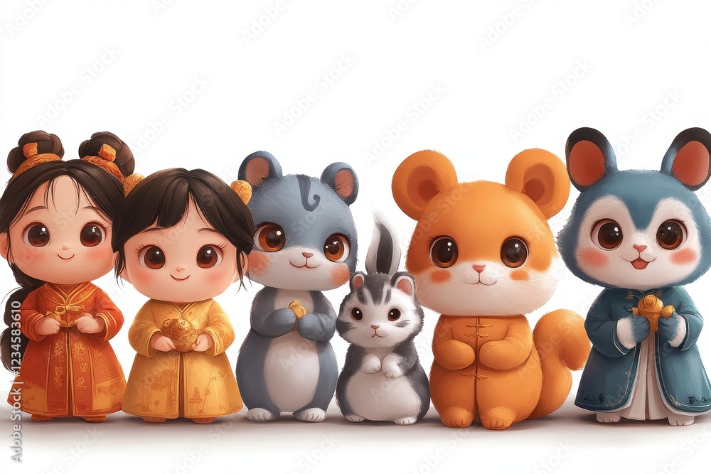 Naklejka premium Cute characters in traditional attire with adorable animals, celebrating culture.