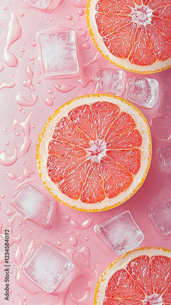 Sliced grapefruit on pink background surrounded by ice cubes creating a refreshing and vibrant summer vibe Sliced grapefruit on pink background surrounded by ice cubes creating a refreshing and vibrant summer vibe