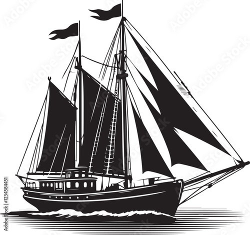 ship silhouette victor style image with white and block background.