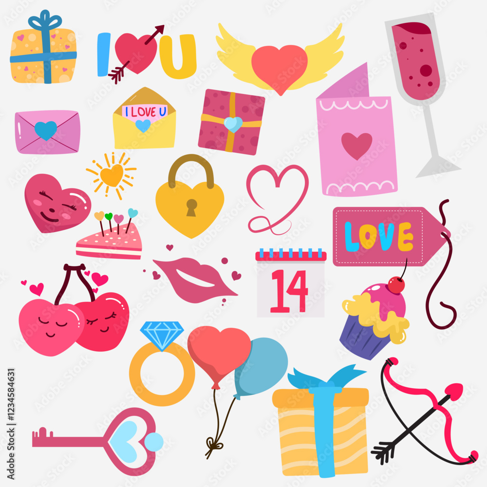 Hand drawn a collection set of of cute Valentine day doodle elements isolated on white background fashion elements for kids. Hand drawn a collection set of of cute Valentine day doodle elements isolated on white background fashion elements for kids.