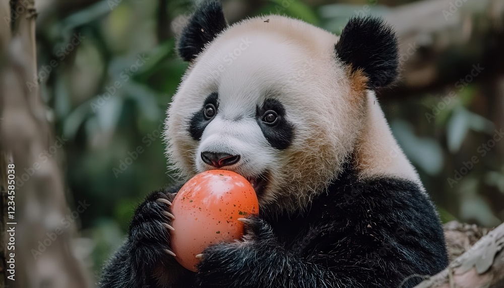 Fototapeta premium Adorable Panda Holding Bright Orange Ball in Natural Habitat