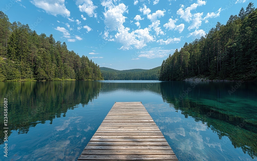 A tranquil summer lake surrounded by rolling green hills, with a wooden dock extending into the calm, reflective water. The bright blue sky and fluffy clouds above are mirrored on the surface, A tranquil summer lake surrounded by rolling green hills, with a wooden dock extending into the calm, reflective water. The bright blue sky and fluffy clouds above are mirrored on the surface,
