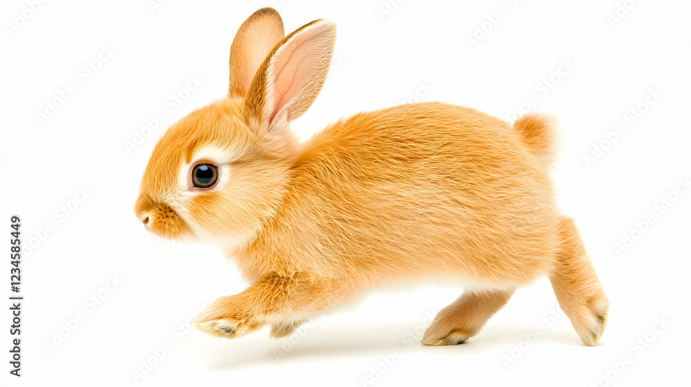 Fototapeta premium Adorable orange bunny hopping on white background; Easter, pet, spring