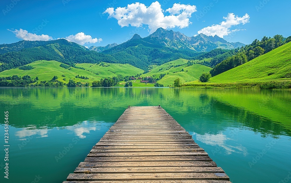A tranquil summer lake surrounded by rolling hills covered in vibrant greenery. A small wooden dock extends into the still water, reflecting the bright blue sky and fluffy white clouds above. A tranquil summer lake surrounded by rolling hills covered in vibrant greenery. A small wooden dock extends into the still water, reflecting the bright blue sky and fluffy white clouds above.