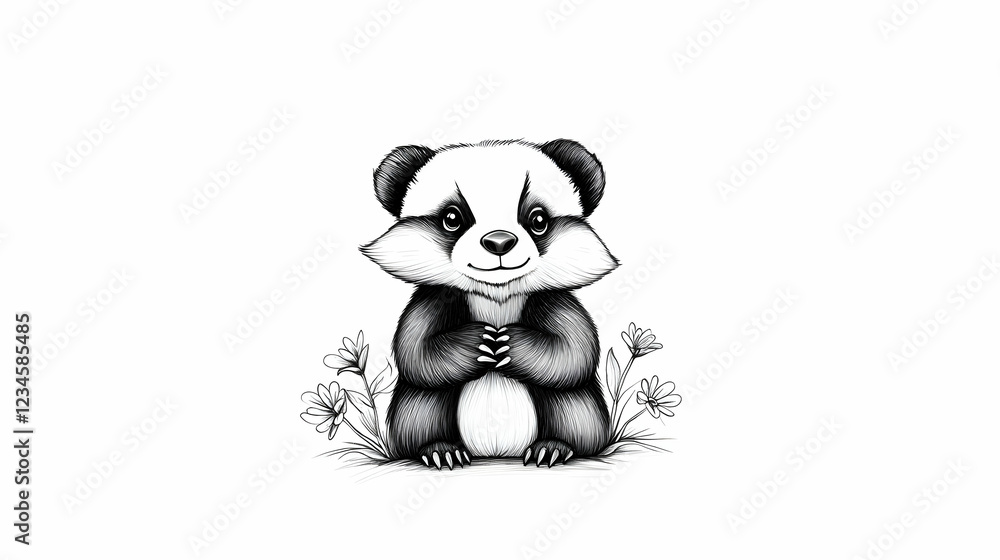 Obraz premium Adorable panda cub sitting amidst flowers, white background, nursery decor