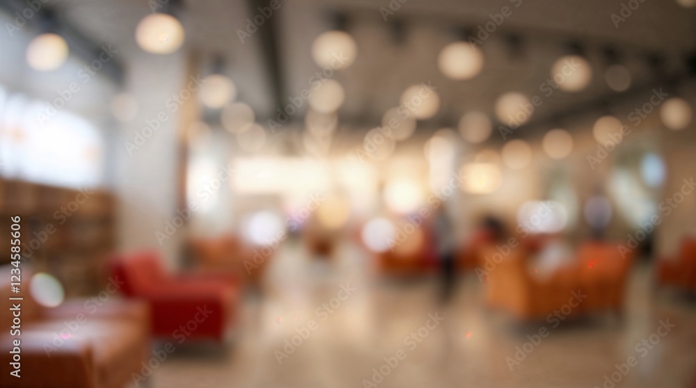 Blurred interior modern office lobby soft lighting bokeh effect warm tones lounge seating contemporary design abstract background Blurred interior modern office lobby soft lighting bokeh effect warm tones lounge seating contemporary design abstract background