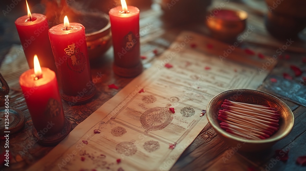Fototapeta premium Burning Candles, Incense Sticks and Chinese Hieroglyphs