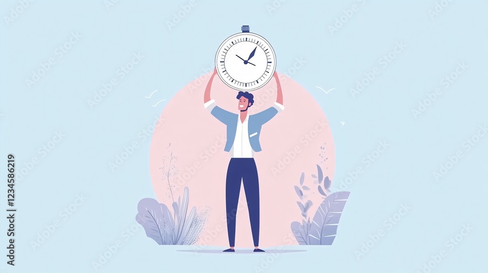 Fototapeta premium Confident Businessman Overcomes Time Constraints, Symbolized by Oversized Alarm Clock