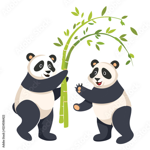 illustrtion of two pandas competing in a bamboo-throwing contest. vector art