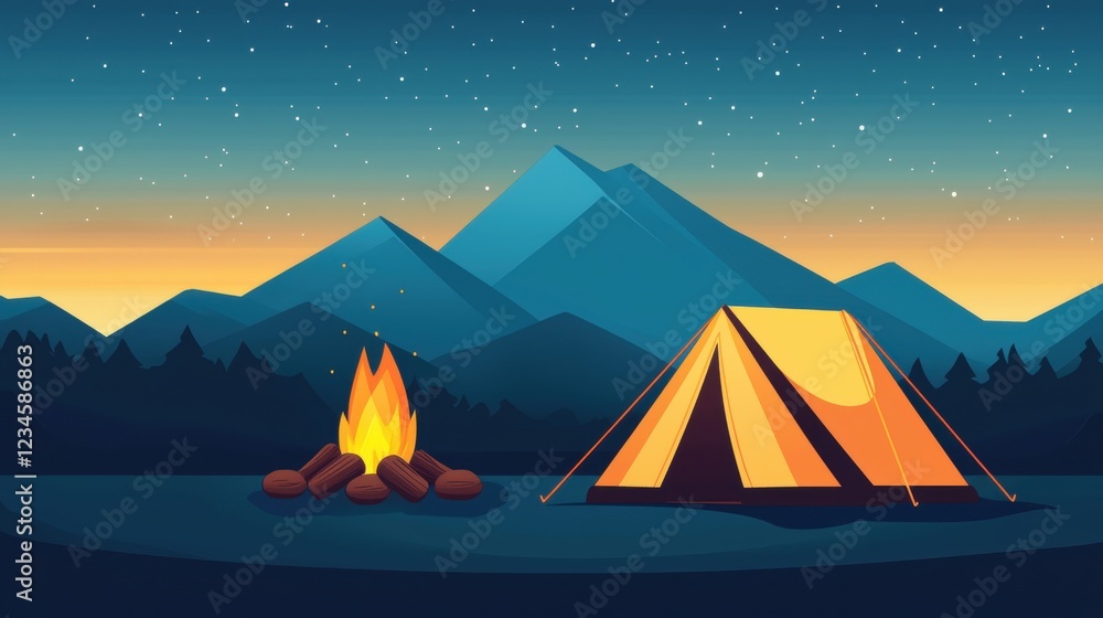 A serene campsite featuring a glowing campfire, a cozy tent, and a backdrop of majestic mountains under a starlit sky. A serene campsite featuring a glowing campfire, a cozy tent, and a backdrop of majestic mountains under a starlit sky.