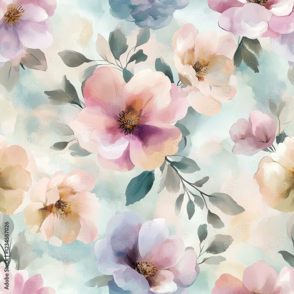 Vibrant floral pattern showcasing soft pastel hues with delicate details on a light background Vibrant floral pattern showcasing soft pastel hues with delicate details on a light background
