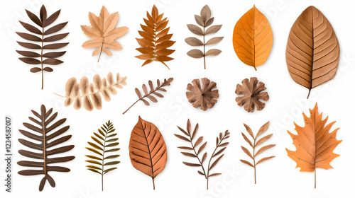 Autumn leaves collection, various shapes and colors, white background, design element