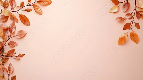 Autumn leaves frame on peach background,  copy space for text, seasonal design