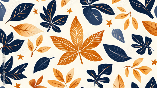 Autumn leaves pattern; gold, navy, cream background; fall design; ideal for seasonal prints