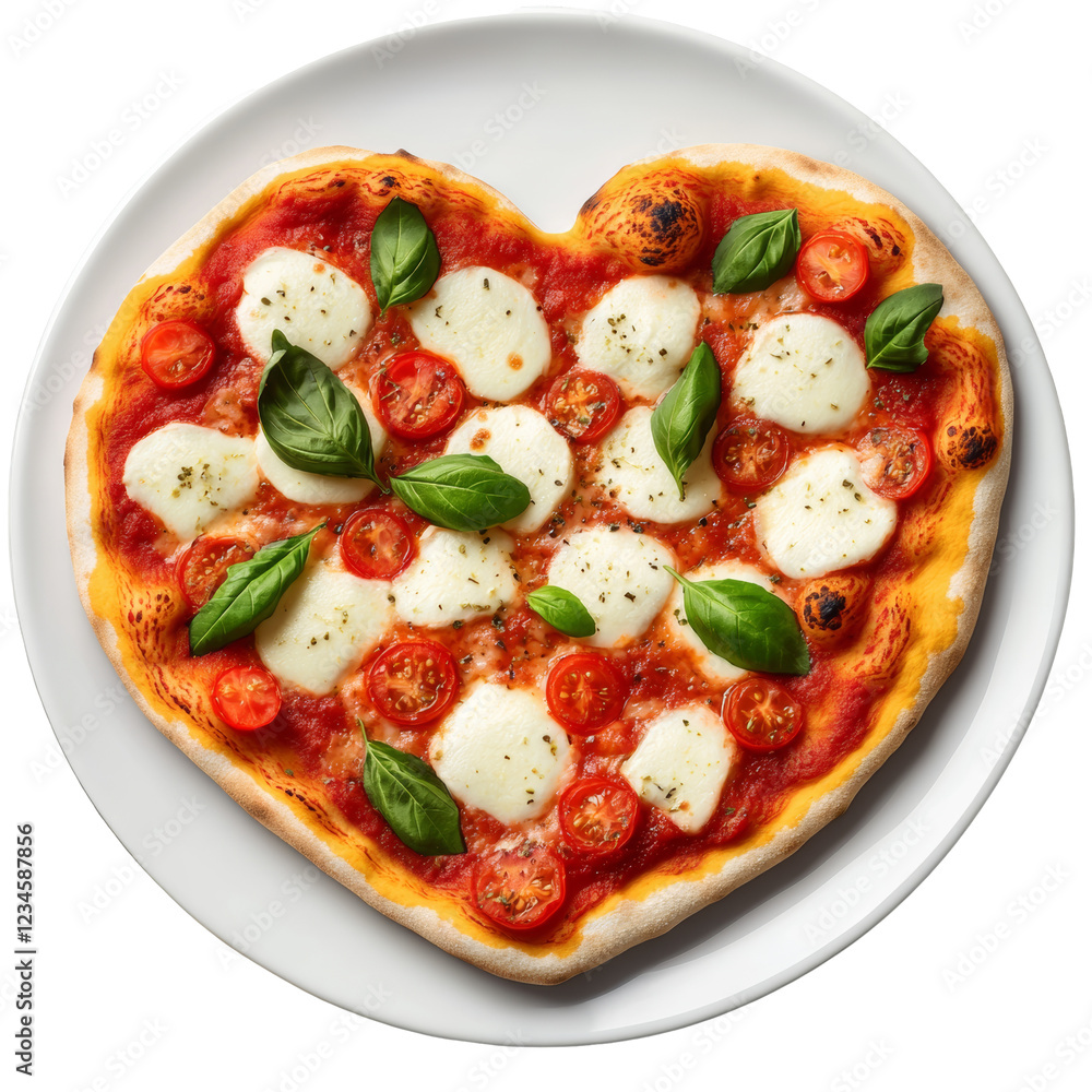 Heart-shaped pizza with tomato sauce and fresh ingredients on a transparent background Heart-shaped pizza with tomato sauce and fresh ingredients on a transparent background