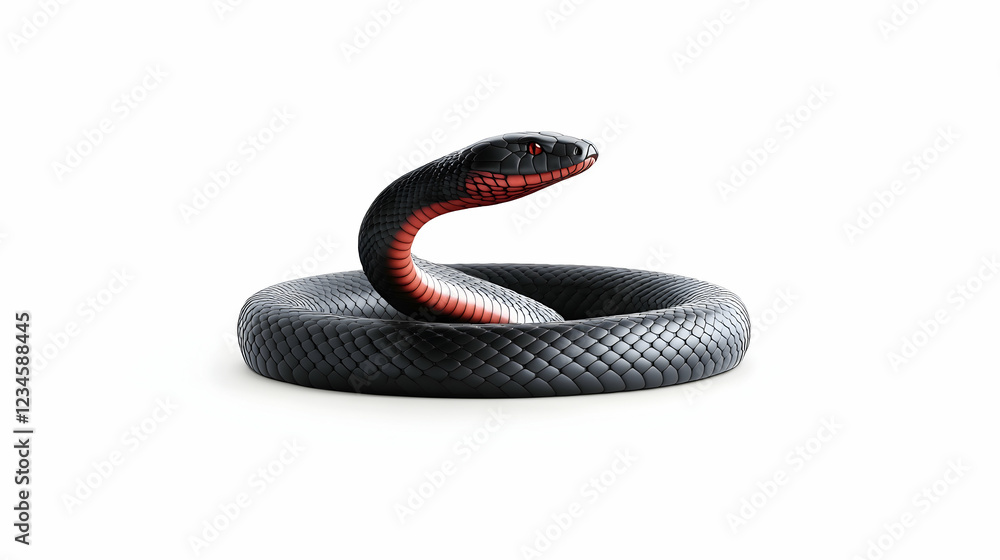 Obraz premium Black snake coiled, studio shot, white background, reptile danger, wildlife image
