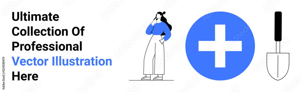 Woman in casual clothes thinking, a blue plus sign, and a garden trowel. Ideal for decision-making, self-reflection, growth, medical, tools gardening and problem-solving concepts. Flat landing page Woman in casual clothes thinking, a blue plus sign, and a garden trowel. Ideal for decision-making, self-reflection, growth, medical, tools gardening and problem-solving concepts. Flat landing page