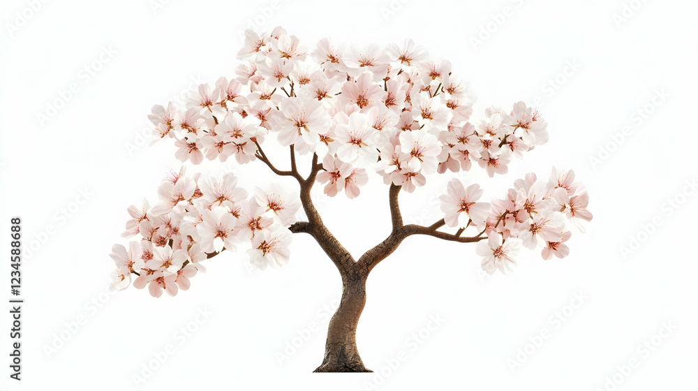 Fototapeta premium Blooming cherry blossom bonsai tree, isolated on white, spring serenity, ideal for nature, zen, and peace themed designs